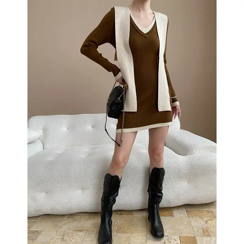 ワンピース 3色展開 ニット 配色 膝上 ダークグレー コーヒー色 ブラック