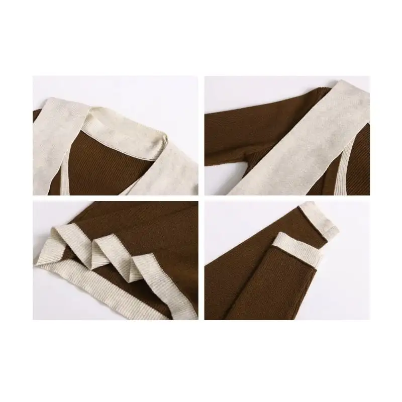 ワンピース 3色展開 ニット 配色 膝上 ダークグレー コーヒー色 ブラック