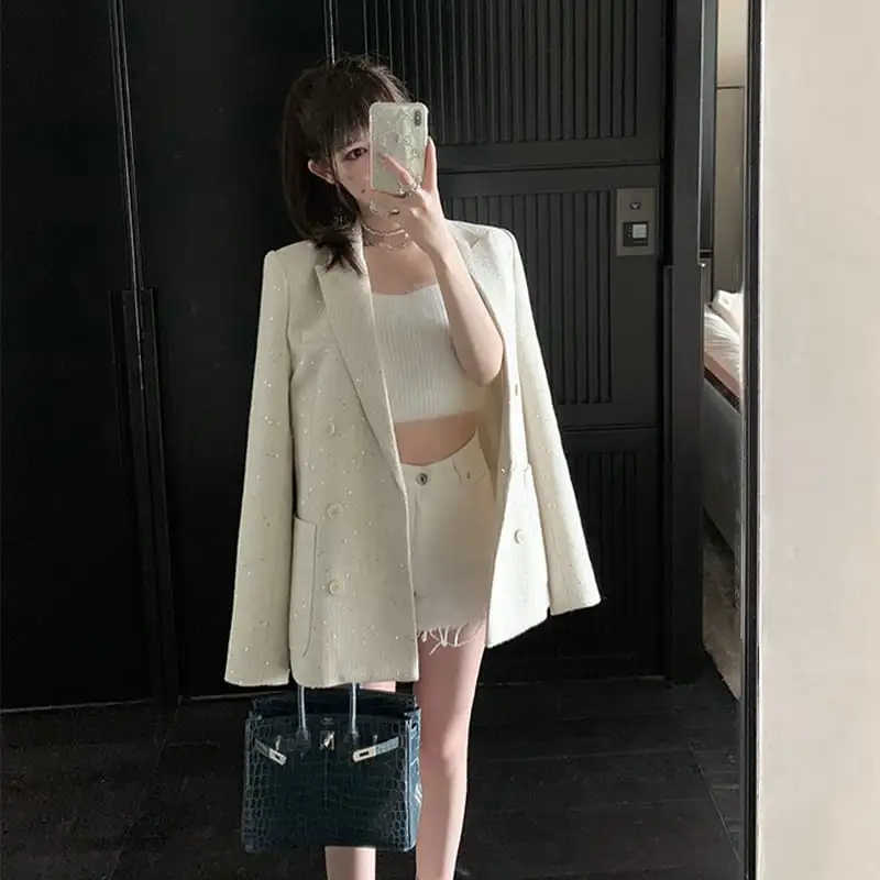 アウタースーツ 高級感 OL/通勤 ツイード ブラック ホワイト