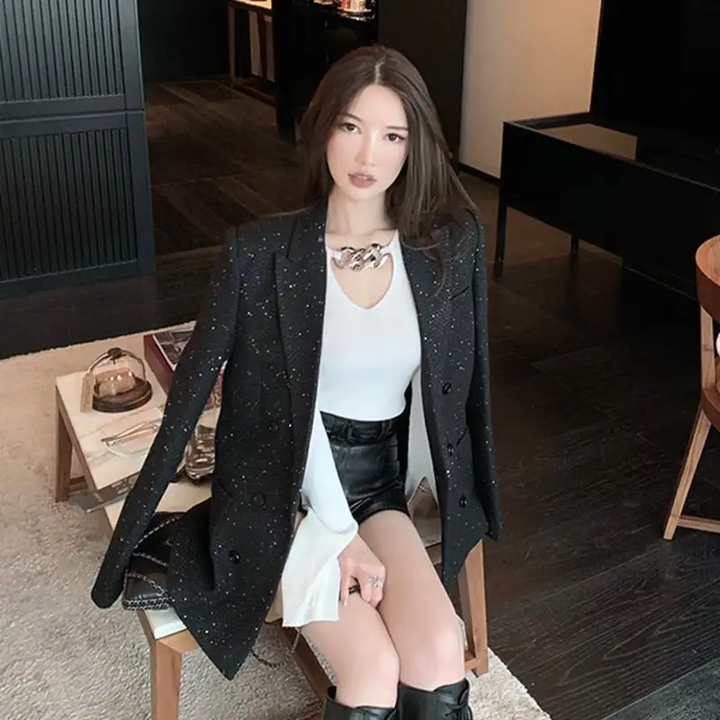 アウタースーツ 高級感 OL/通勤 ツイード ブラック ホワイト