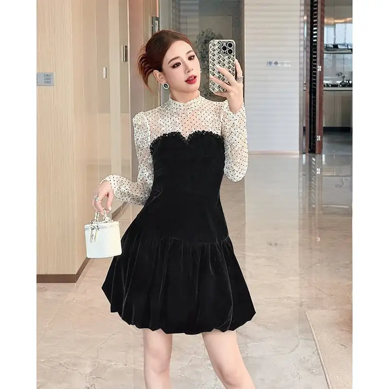 ワンピース ビロード ドット柄 ティアード ブラック