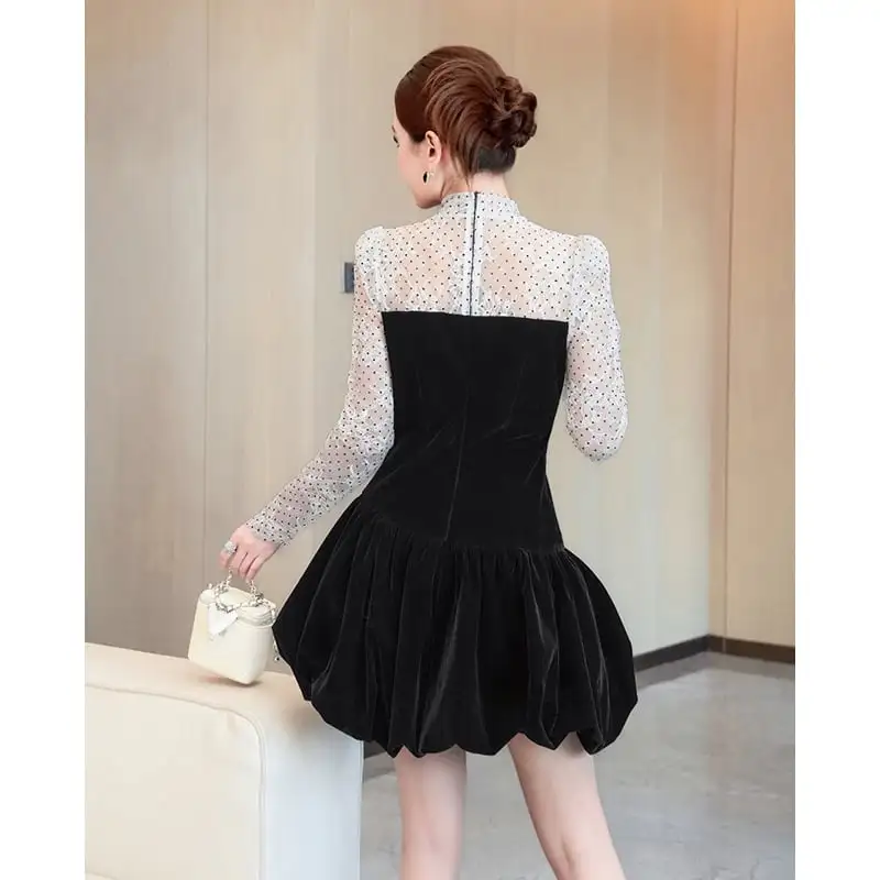 ワンピース ビロード ドット柄 ティアード ブラック