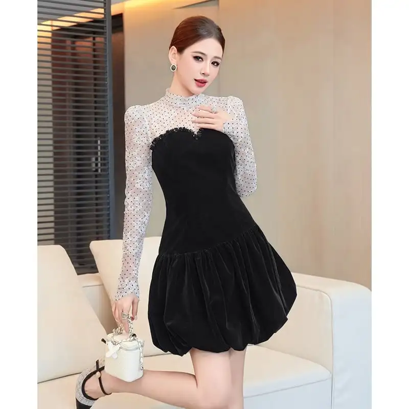 ワンピース ビロード ドット柄 ティアード ブラック