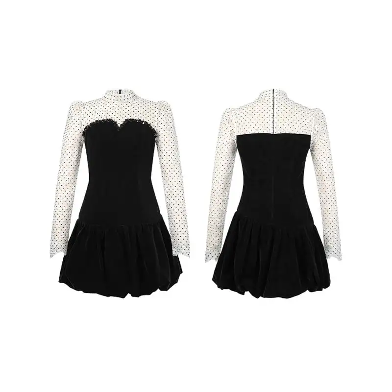 ワンピース ビロード ドット柄 ティアード ブラック