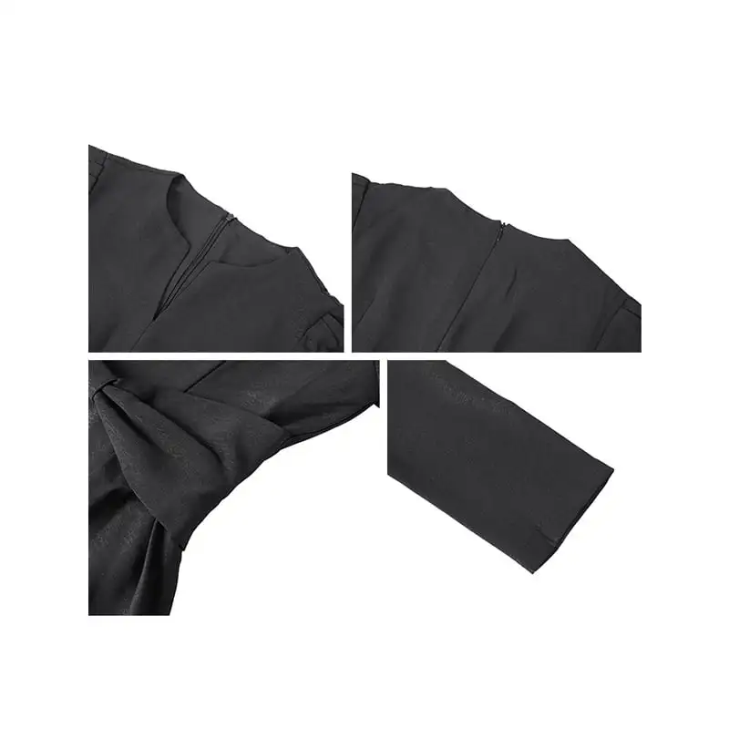 ワンピース ウエスト絞り Aライン 長袖 ブラック