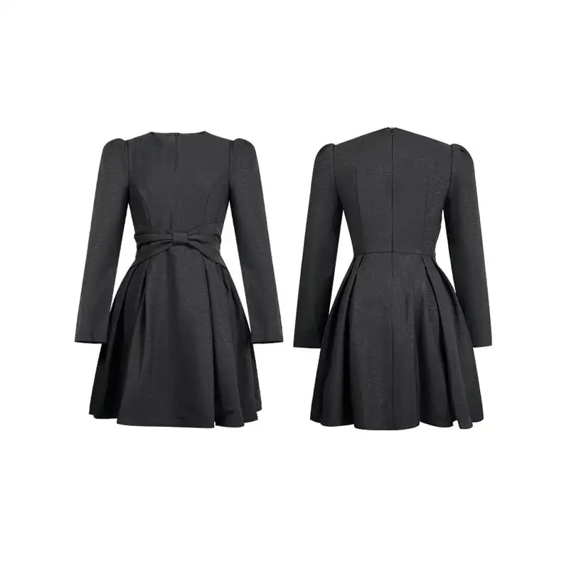 ワンピース ウエスト絞り Aライン 長袖 ブラック