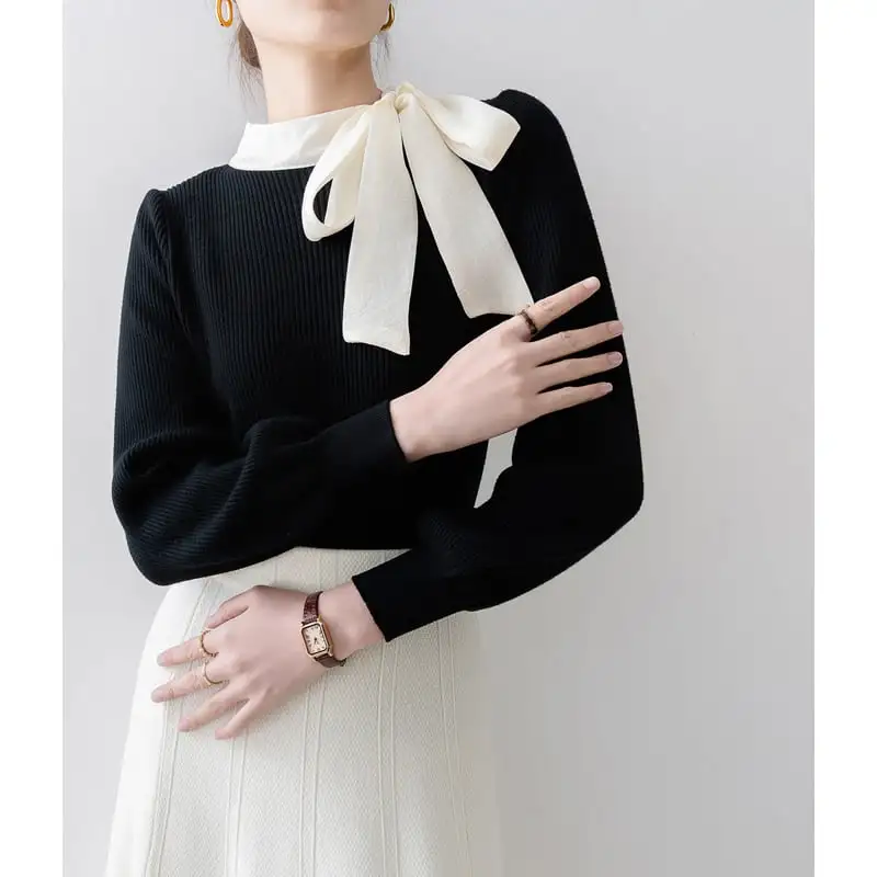 トップス ニット リボン エレガント 長袖 気質溢れる