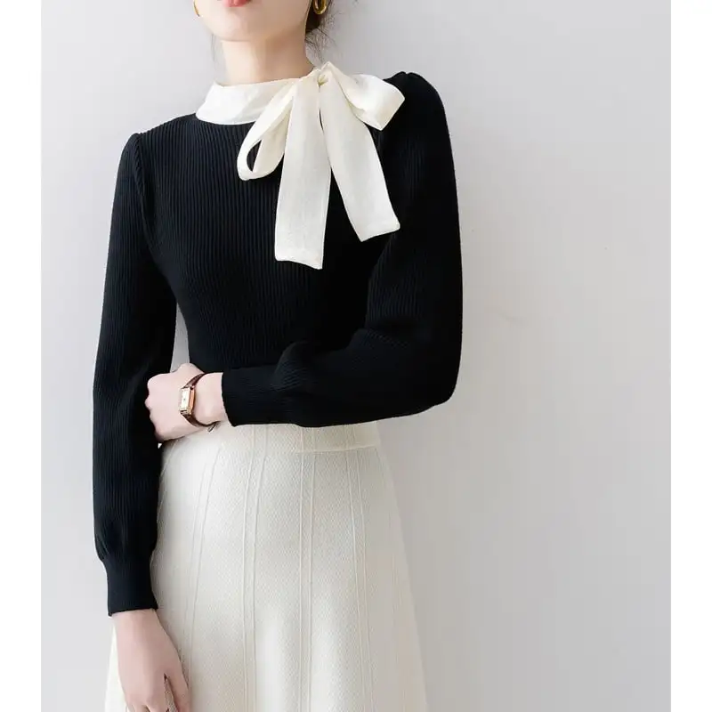 トップス ニット リボン エレガント 長袖 気質溢れる
