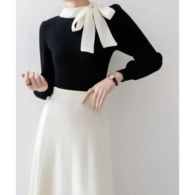 トップス ニット リボン エレガント 長袖 気質溢れる