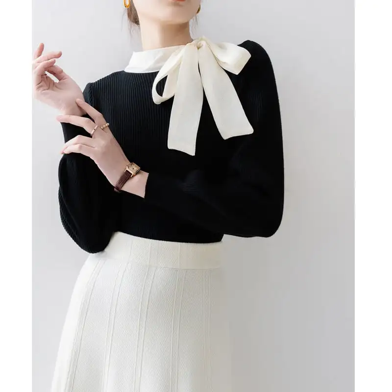 トップス ニット リボン エレガント 長袖 気質溢れる