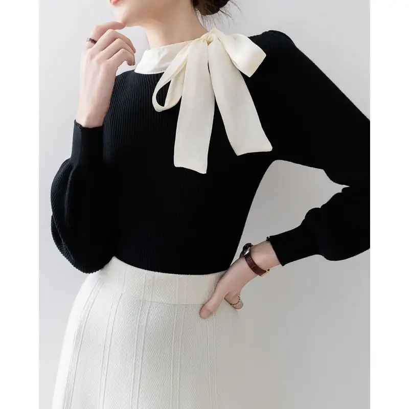 トップス ニット リボン エレガント 長袖 気質溢れる