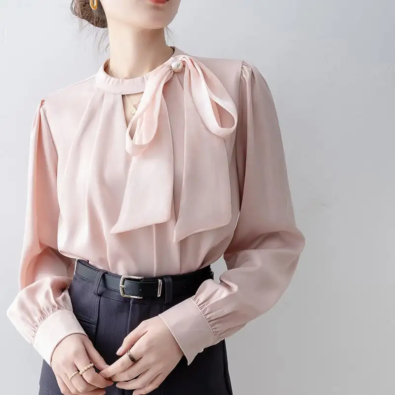 トップス シャツ ランタンスリーブ 通勤 リボン ピンク