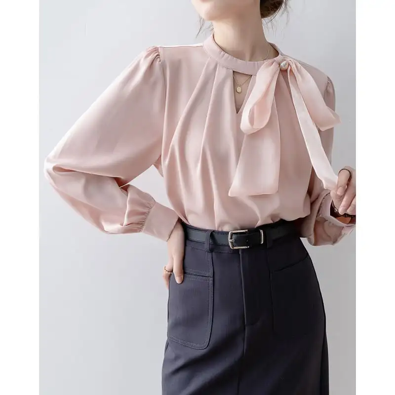 トップス シャツ ランタンスリーブ 通勤 リボン ピンク