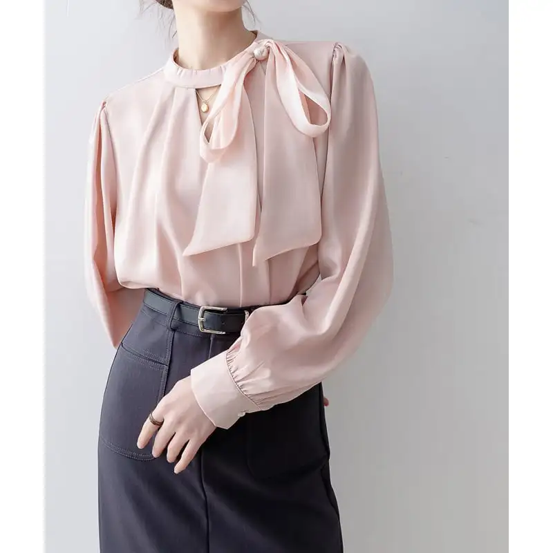 トップス シャツ ランタンスリーブ 通勤 リボン ピンク