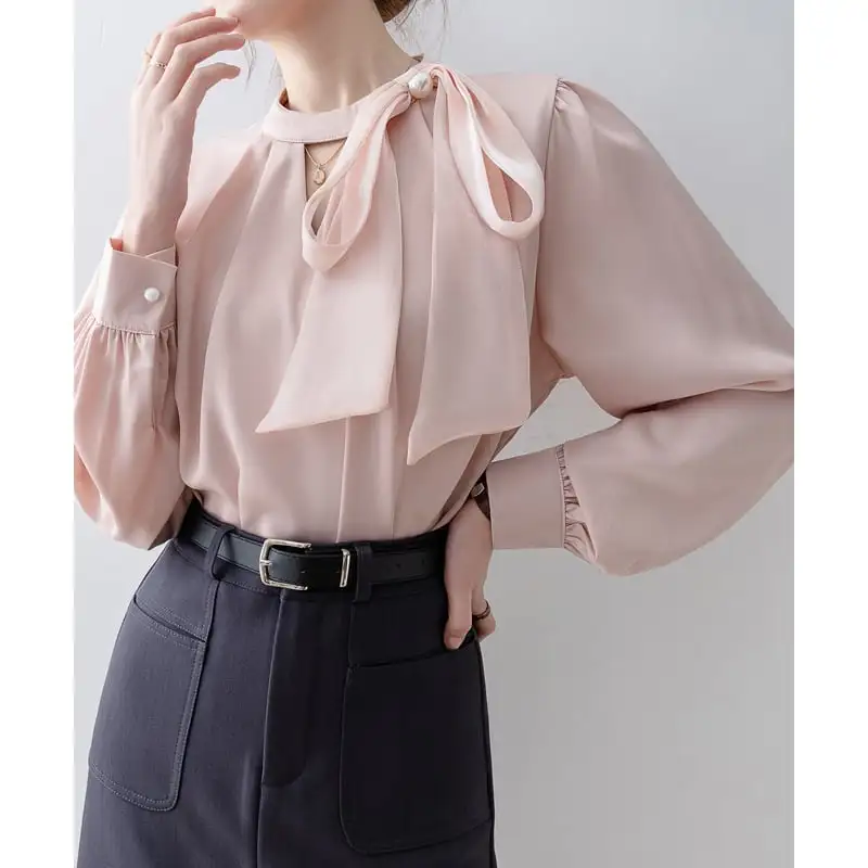トップス シャツ ランタンスリーブ 通勤 リボン ピンク