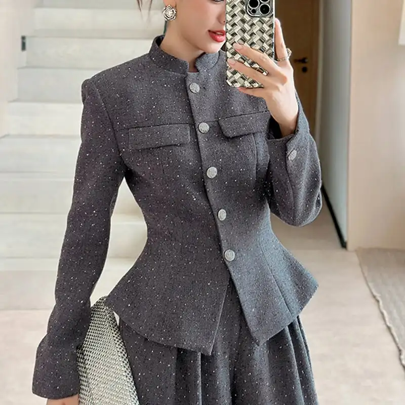 アウター ジャケット 長袖 スタンドカラー スリム ラメ加工 ダークグレー