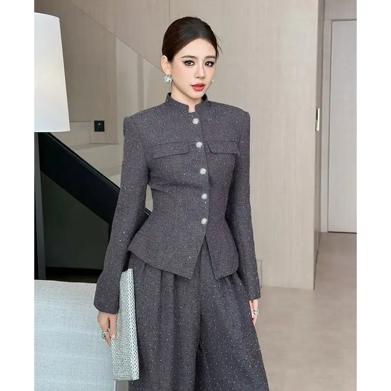 アウター ジャケット 長袖 スタンドカラー スリム ラメ加工 ダークグレー