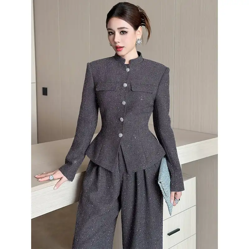 アウター ジャケット 長袖 スタンドカラー スリム ラメ加工 ダークグレー