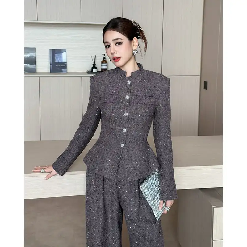 アウター ジャケット 長袖 スタンドカラー スリム ラメ加工 ダークグレー