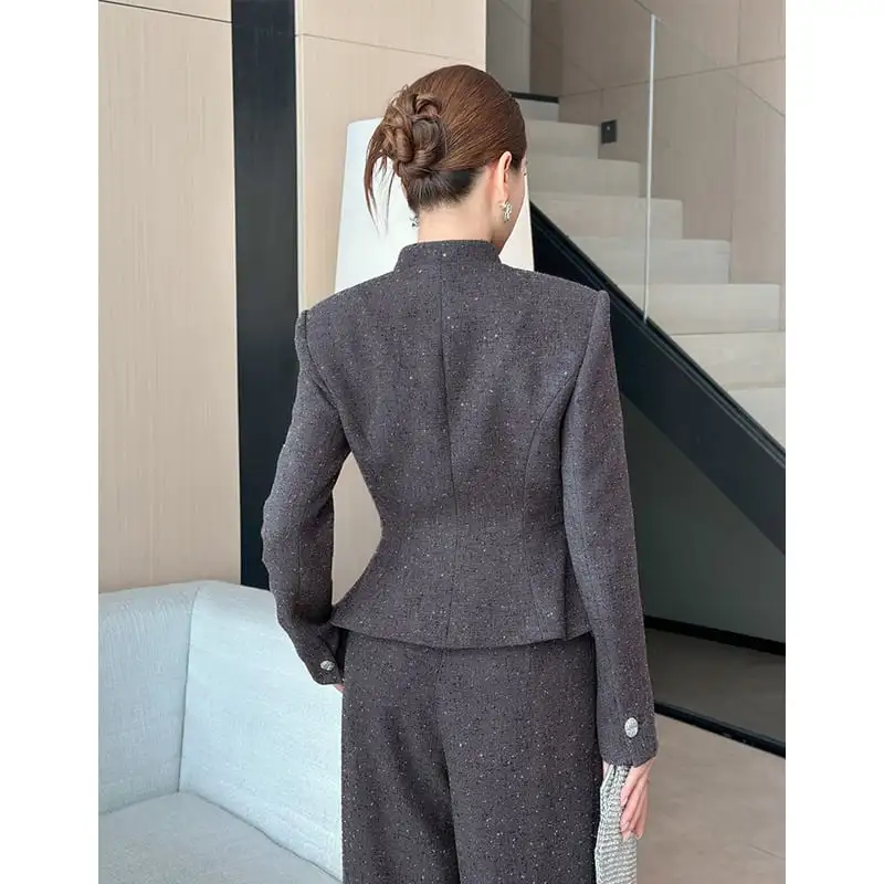 アウター ジャケット 長袖 スタンドカラー スリム ラメ加工 ダークグレー