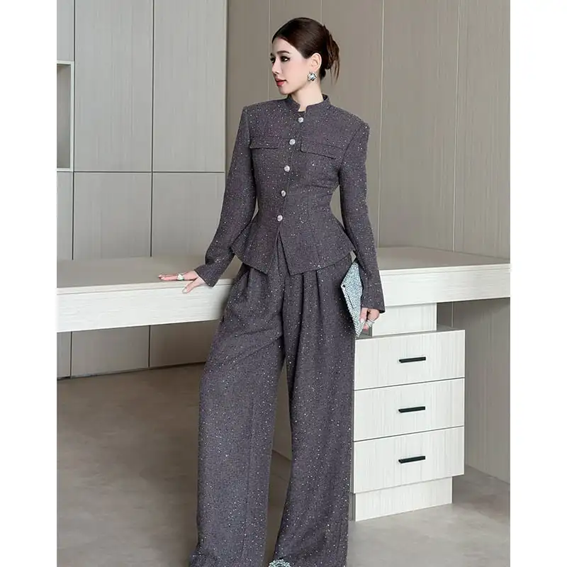 アウター ジャケット 長袖 スタンドカラー スリム ラメ加工 ダークグレー