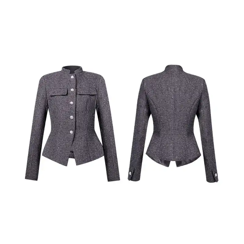 アウター ジャケット 長袖 スタンドカラー スリム ラメ加工 ダークグレー