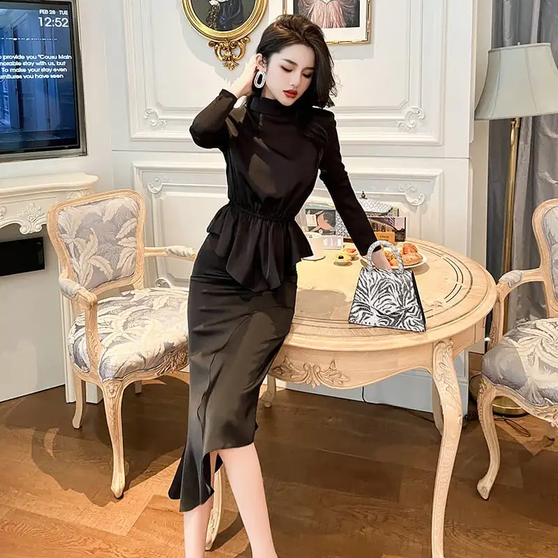 セットアップ トップス+スカート フェミニン 不規則 長袖 ブラック