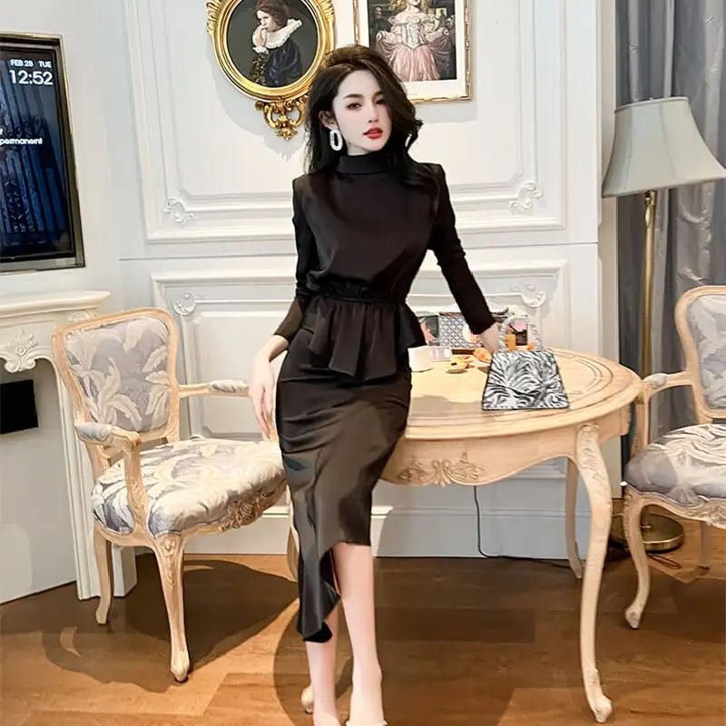 セットアップ トップス+スカート フェミニン 不規則 長袖 ブラック