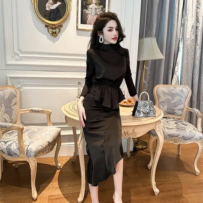 セットアップ トップス+スカート フェミニン 不規則 長袖 ブラック