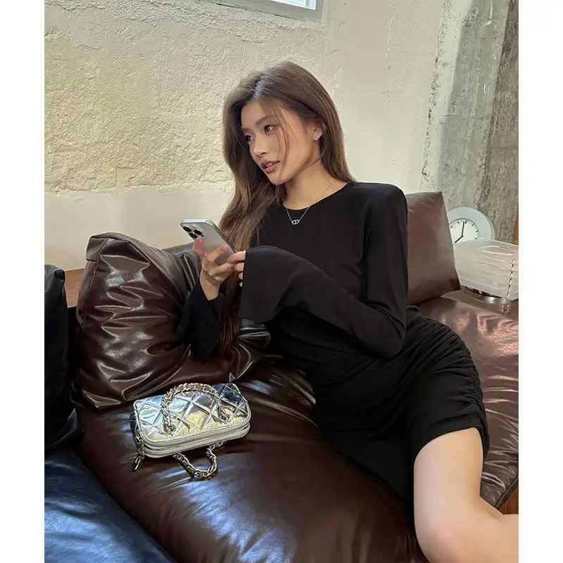 2025秋新作 ワンピース 無地 膝上 フェミニン 長袖 ブラック