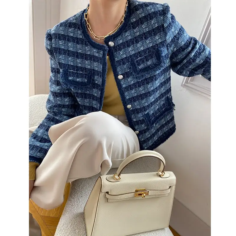 アウター ジャケット ツイード ストライプ柄 長袖 ブルー