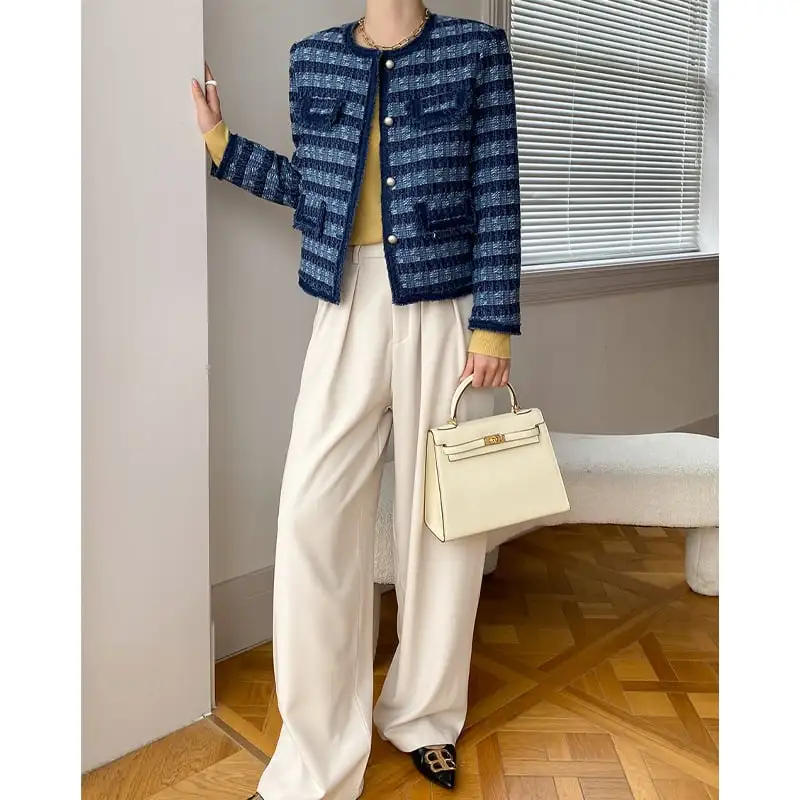 アウター ジャケット ツイード ストライプ柄 長袖 ブルー