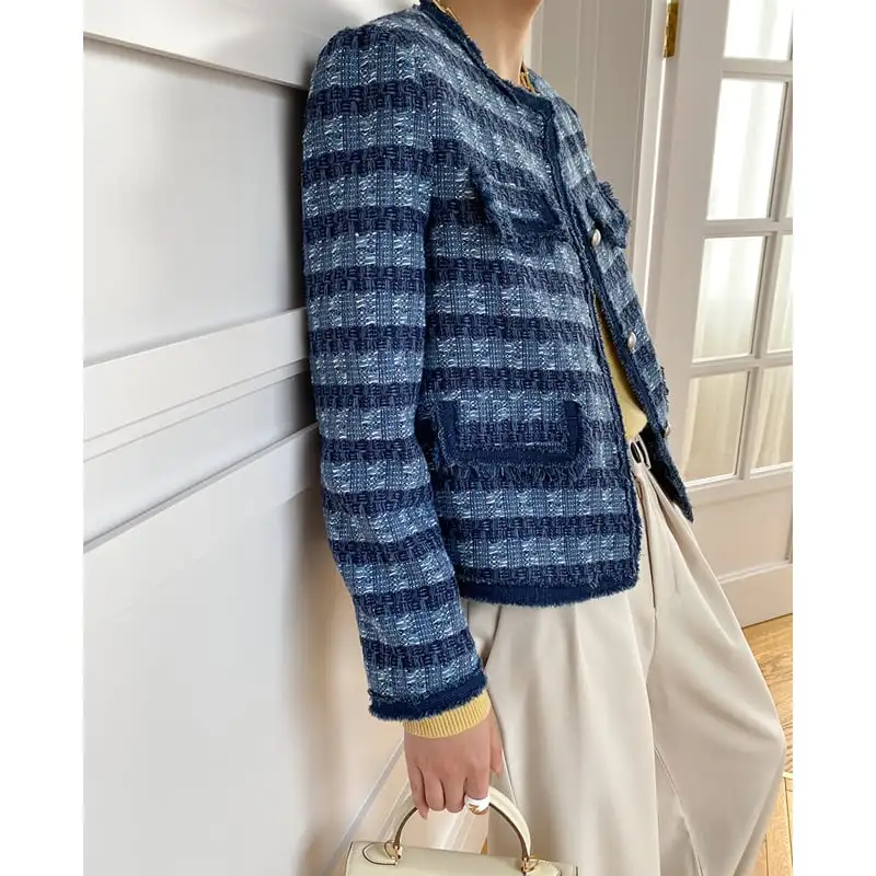 アウター ジャケット ツイード ストライプ柄 長袖 ブルー