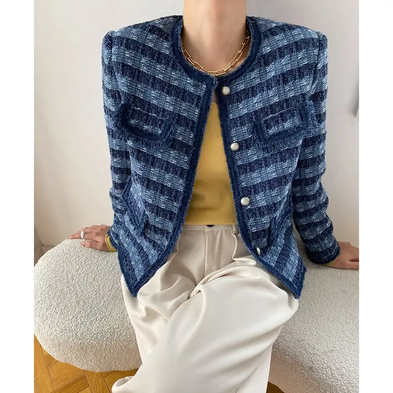アウター ジャケット ツイード ストライプ柄 長袖 ブルー