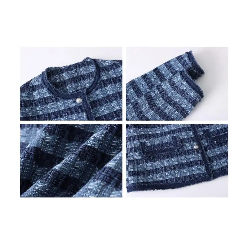 アウター ジャケット ツイード ストライプ柄 長袖 ブルー