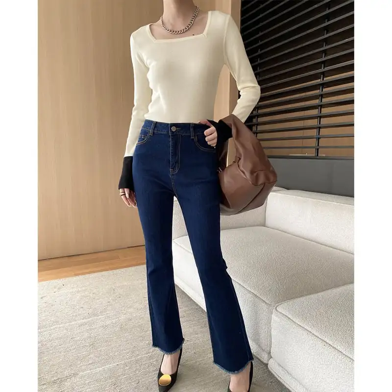 ボトムス デニムパンツ フリンジ加工 ワイドレッグ ダークブルー