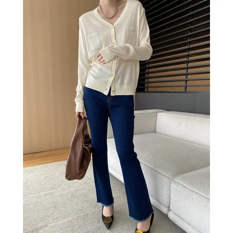 ボトムス デニムパンツ フリンジ加工 ワイドレッグ ダークブルー