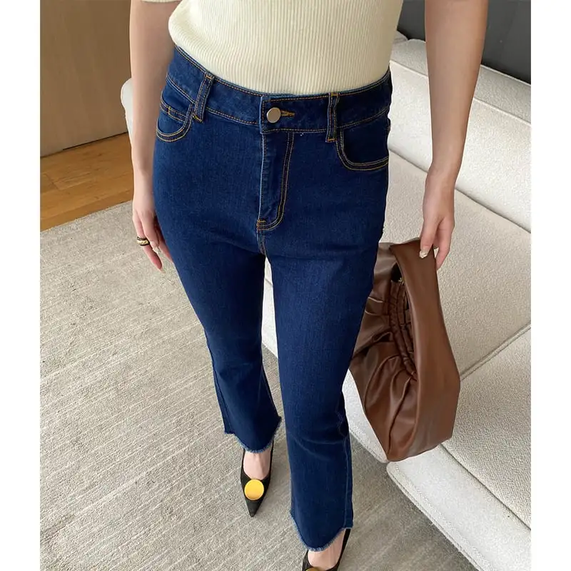 ボトムス デニムパンツ フリンジ加工 ワイドレッグ ダークブルー