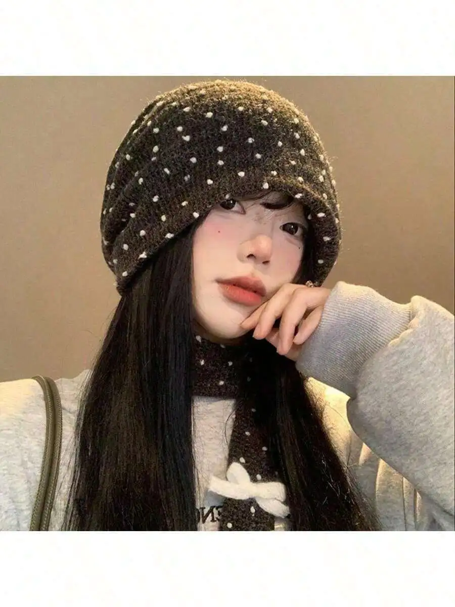 水玉 ニット帽 耳たぶ 防寒 小顔見せ レディース 秋冬ファッション 通勤