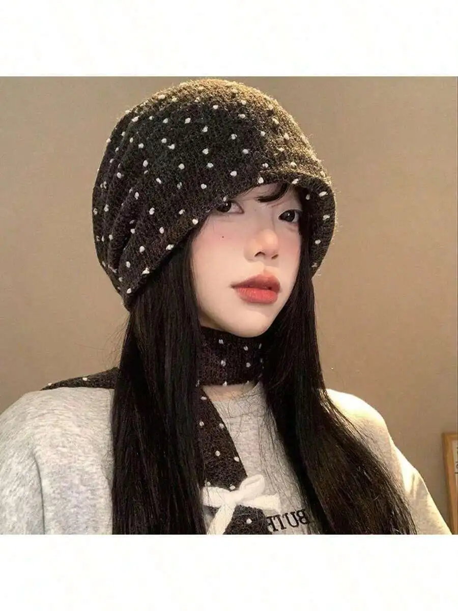 水玉 ニット帽 耳たぶ 防寒 小顔見せ レディース 秋冬ファッション 通勤