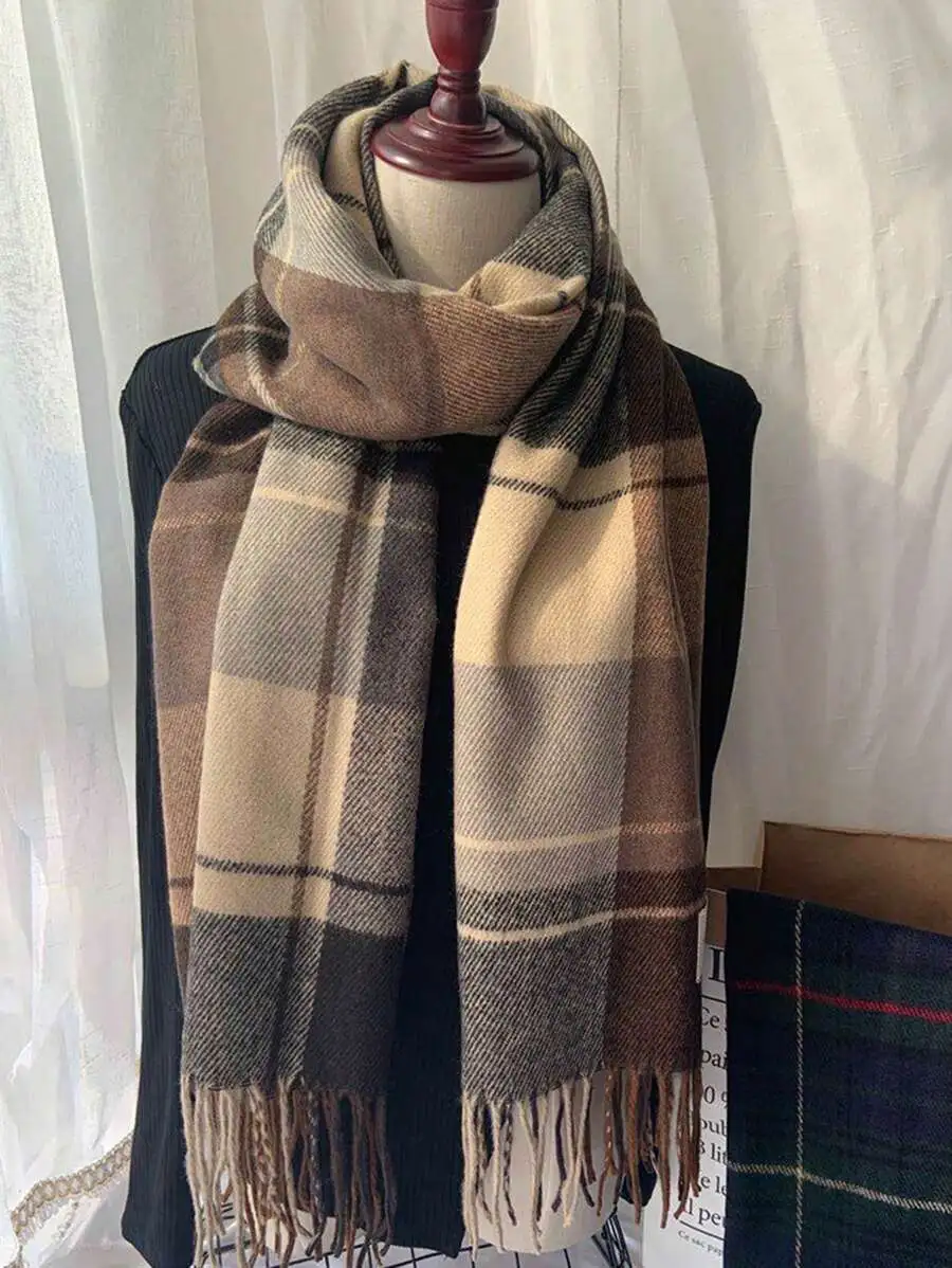 韓国風 チェック柄 スカーフ 暖かい フリンジ 厚手 ロングスカーフ