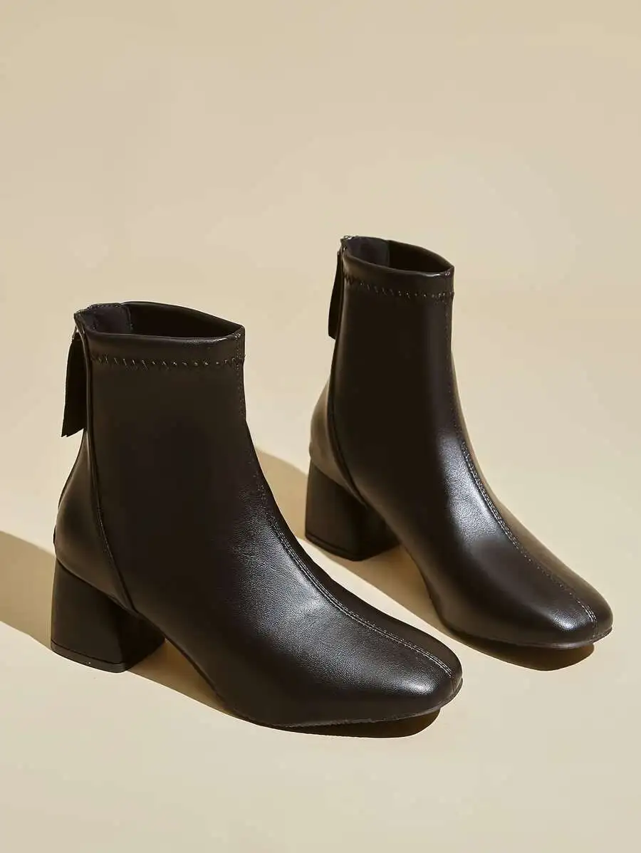 レディース スクエアトゥ バックジップ クラシック チャンキーヒール ブーツ