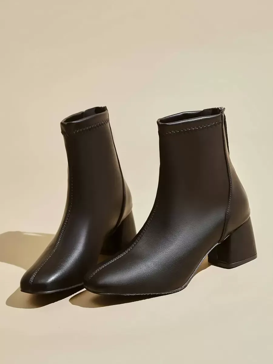 レディース スクエアトゥ バックジップ クラシック チャンキーヒール ブーツ