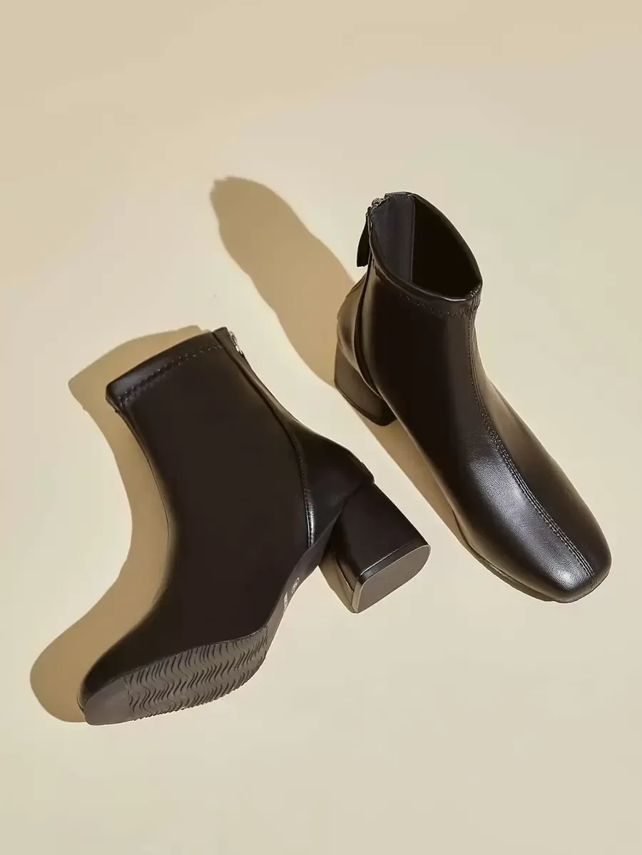 レディース スクエアトゥ バックジップ クラシック チャンキーヒール ブーツ