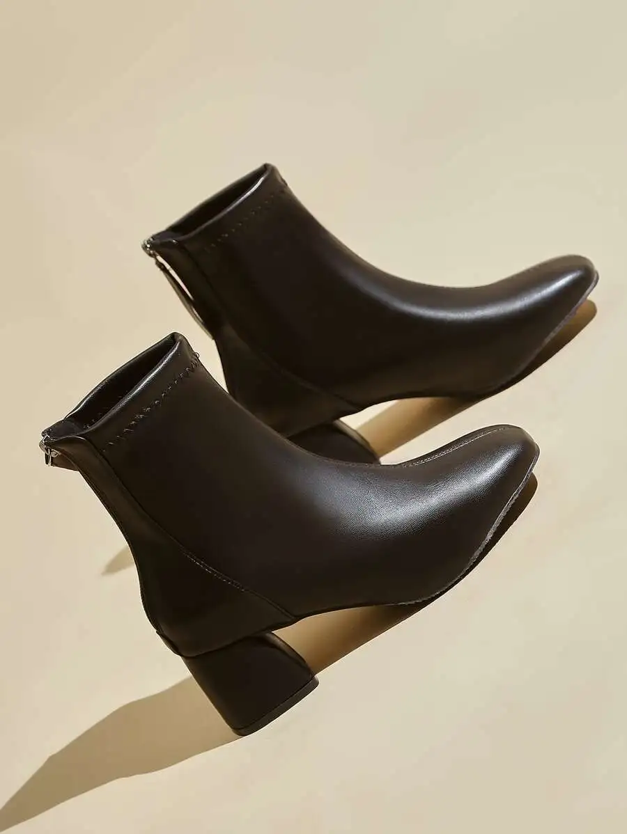 レディース スクエアトゥ バックジップ クラシック チャンキーヒール ブーツ