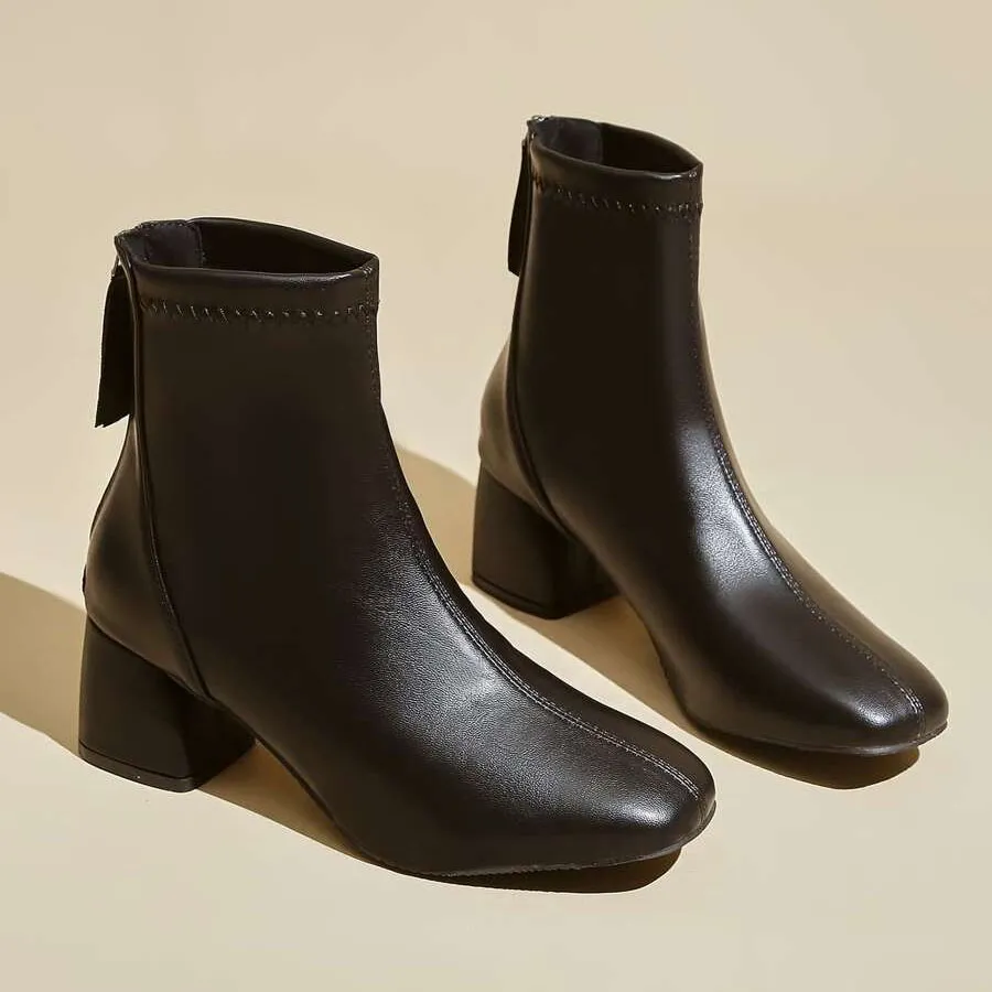 レディース スクエアトゥ バックジップ クラシック チャンキーヒール ブーツ