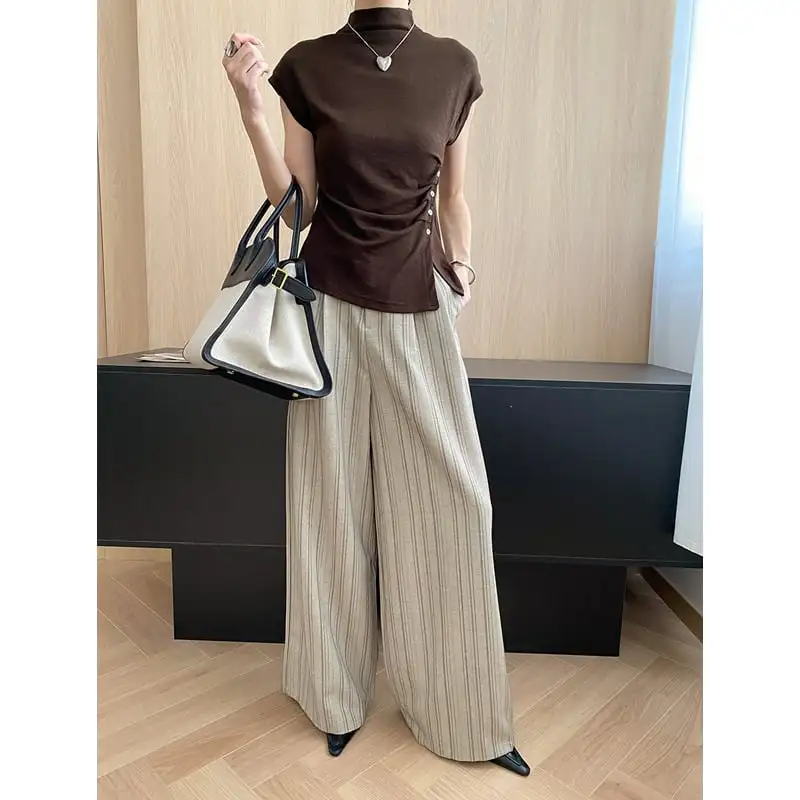 ボトムス ワイド カジュアル ハイウエスト ストライプ柄 ダークベージュ ダークグレー