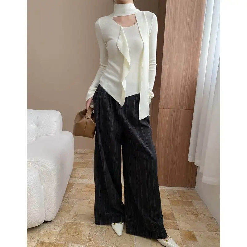 ボトムス ワイド カジュアル ハイウエスト ストライプ柄 ダークベージュ ダークグレー