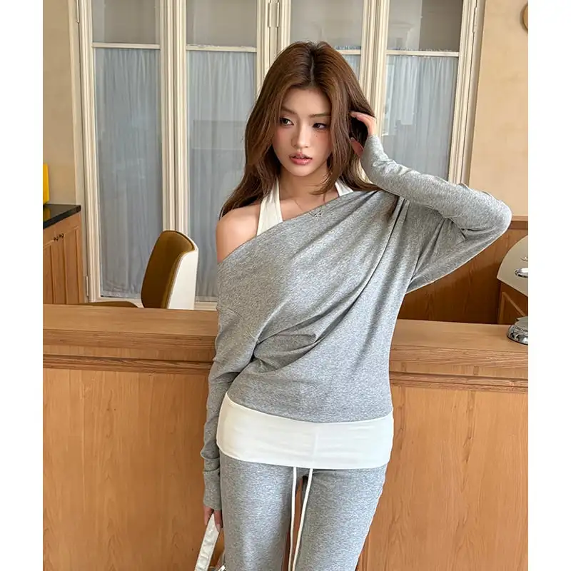セットアップ トップス+カジュアルパンツ オフショルダー ストレッチパンツ グレー