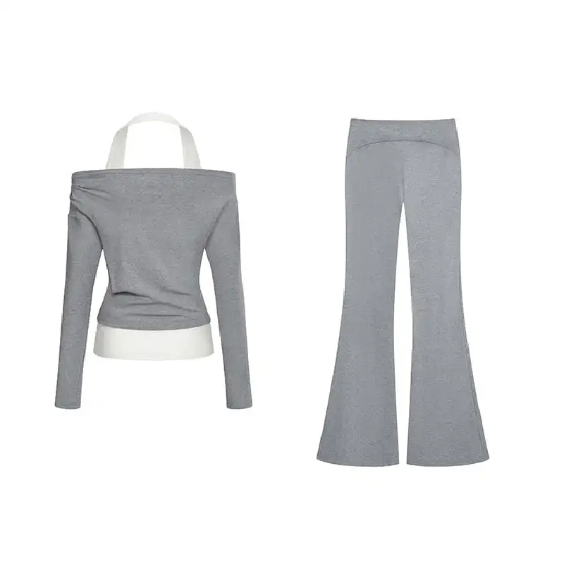 セットアップ トップス+カジュアルパンツ オフショルダー ストレッチパンツ グレー